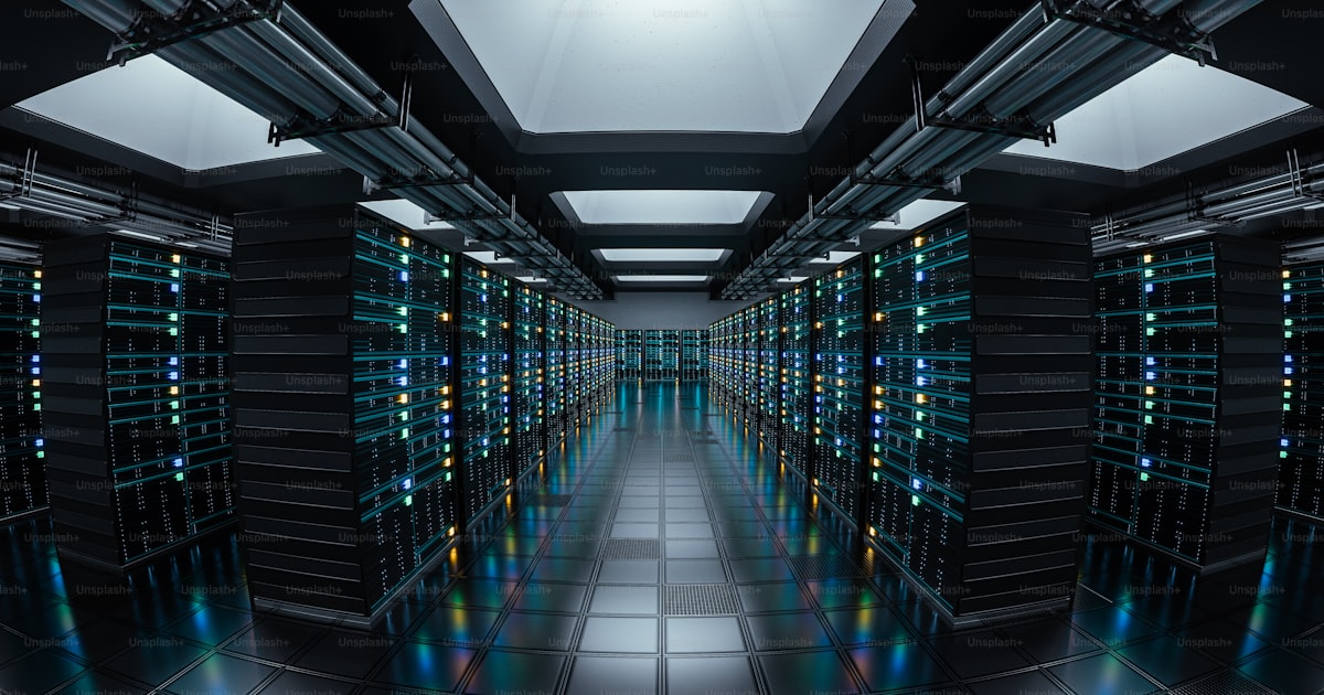 Servidores en data center europeo con simbología de privacidad de datos