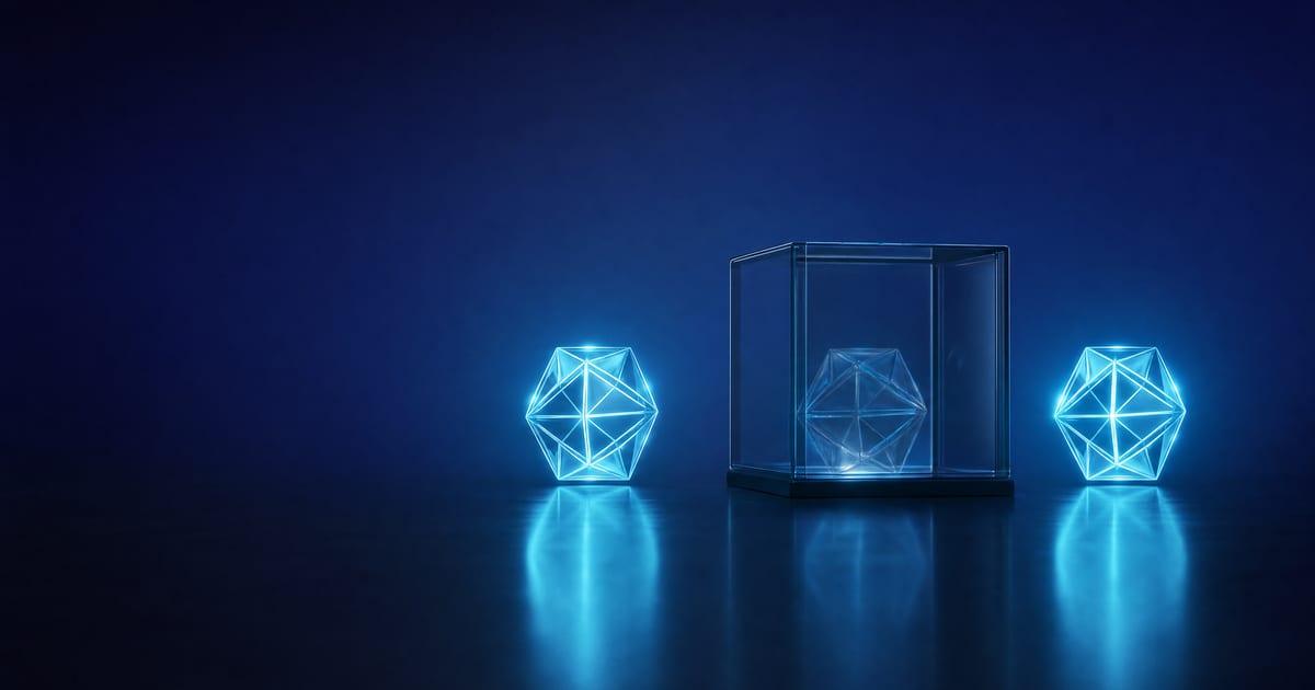 Tres poliedros luminosos idénticos alineados sobre un plano oscuro; el del centro está encerrado en una vitrina de cristal que apaga su brillo, mientras los otros dos permanecen libres